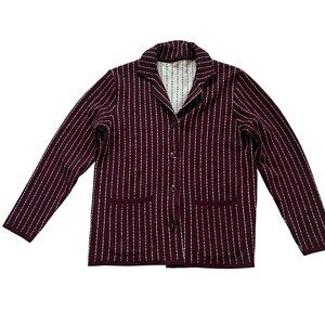 Vintage Burgundy & White Striped Wool Blend Cardigan Jacket M